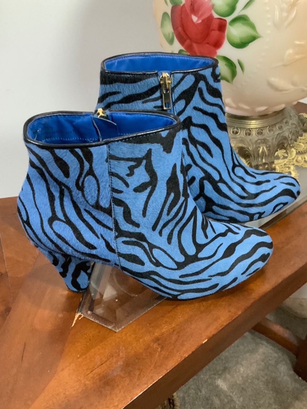 Blue Zebra Genuine Leather Ankle Boots 8 Y2K Funky Animal Print Booties Theme - Picture 1 of 9